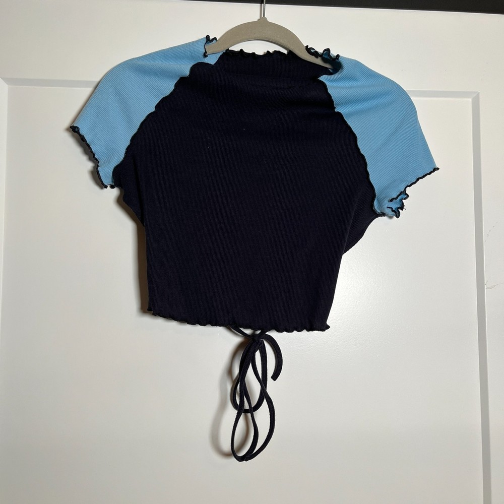 Blue Patchwork Tie Back T Shirt Top